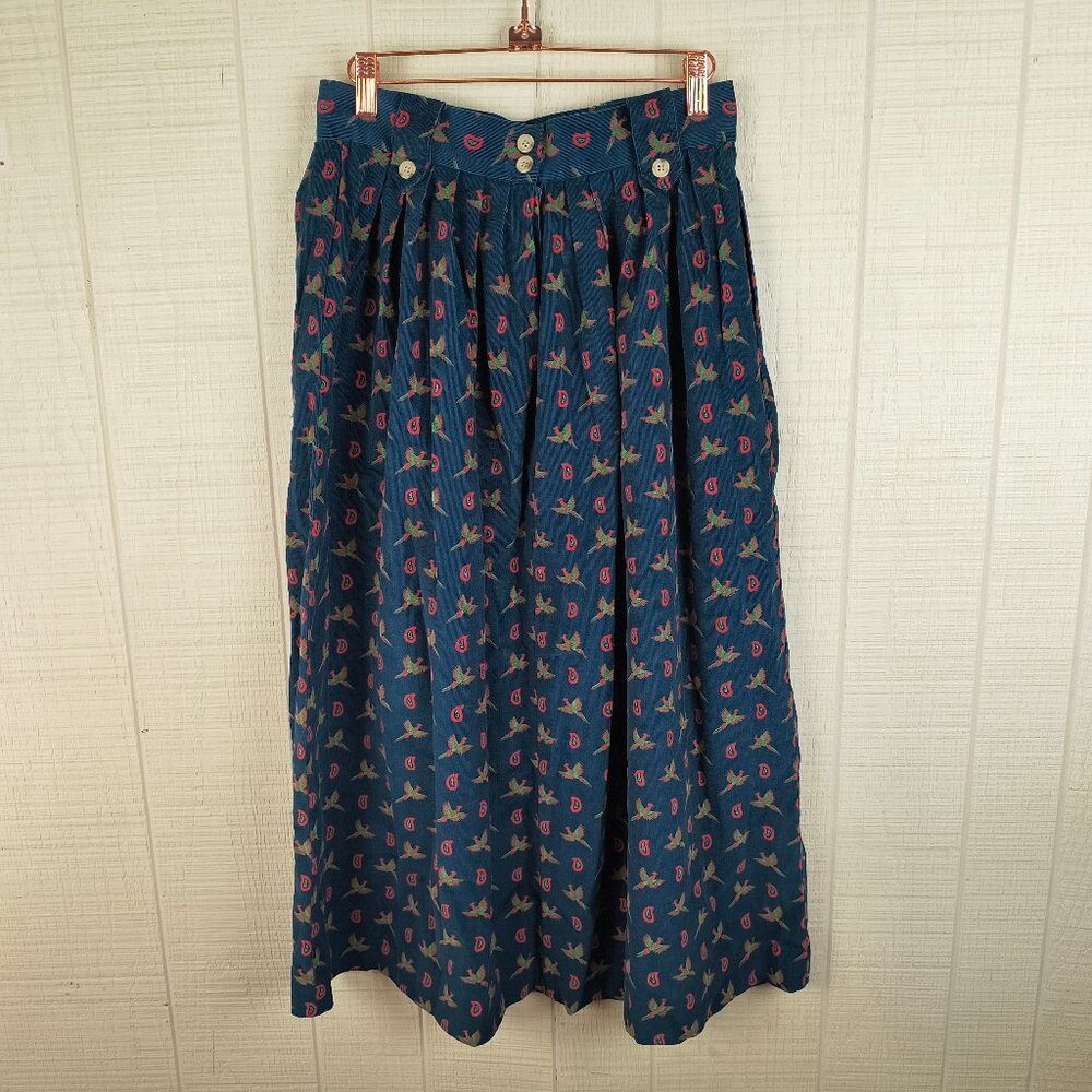 Vintage 90s Corduroy Midi Skirt Pheasant Bird Print Classic Prep - Picture 5 of 5